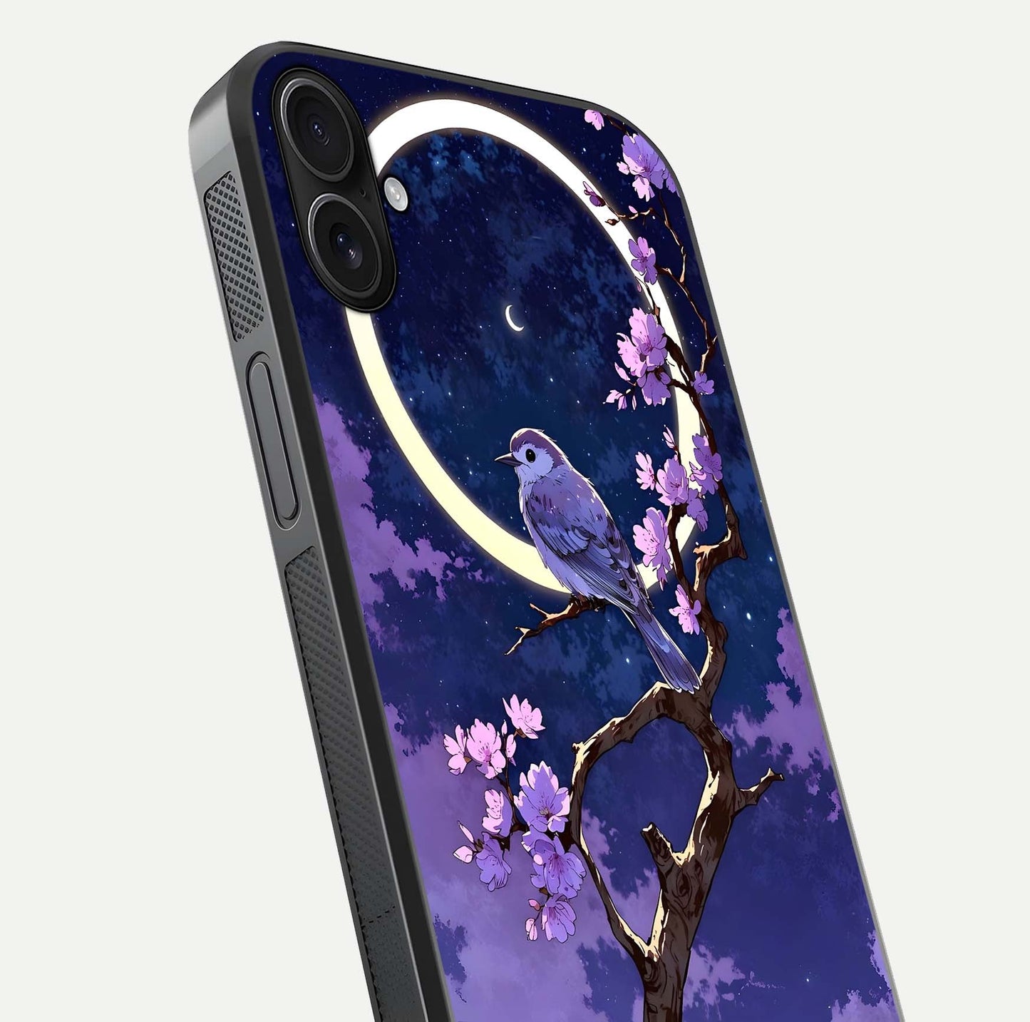 Celestial Bird Blossom Glass Case for iPhone 16 Plus close-up capturing bird detail, petal reflection, and gloss shine