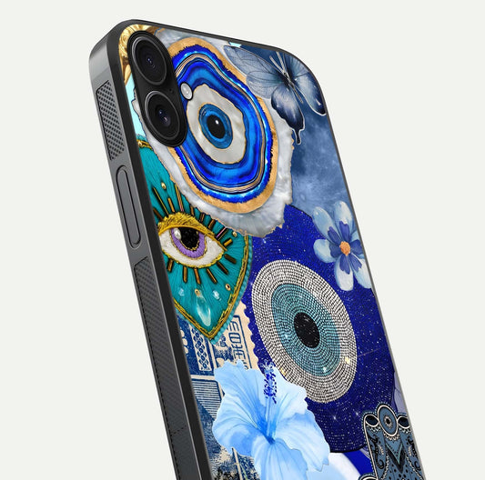 Celestial Blue Vision Glass Case for iPhone 16 Plus close-up shot highlighting reflection details and smooth edge polish