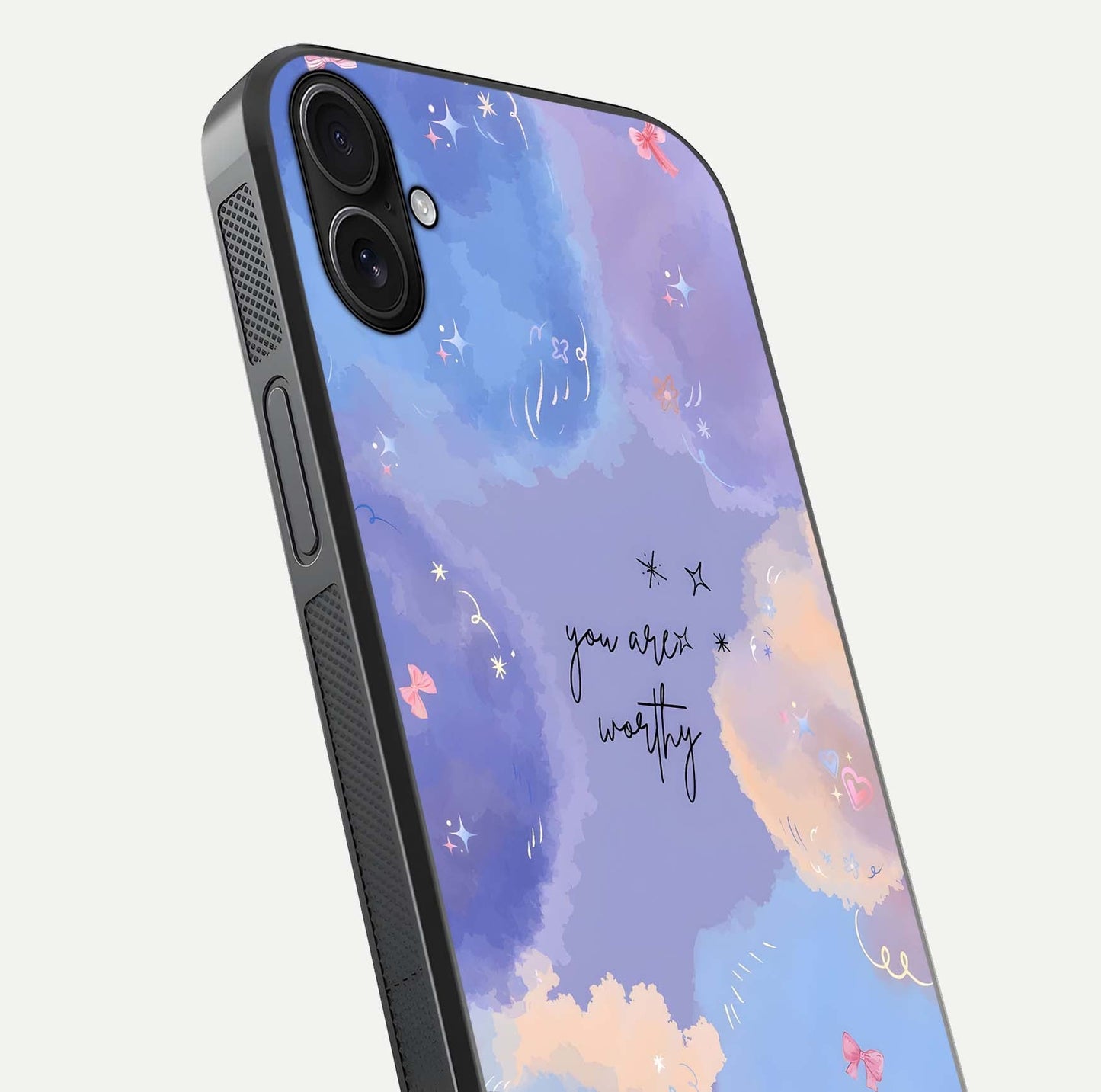 Celestial Cloud Magic Glass Case for iPhone 16 Plus close-up highlighting smooth gradient and gloss surface