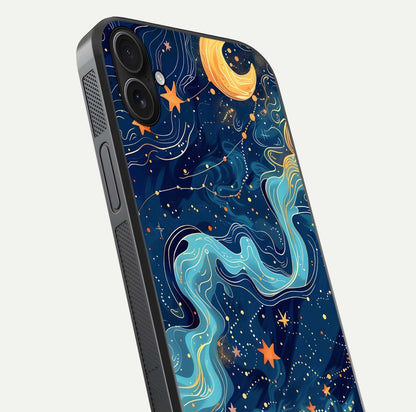 Celestial Dream Flow Glass Case for iPhone 16 Plus close-up highlighting star reflections and smooth glow gradient