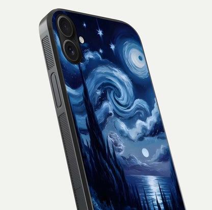 Celestial Dream Van Gogh Glass Case for iPhone 16 Plus close-up view capturing vivid brush details and star reflection