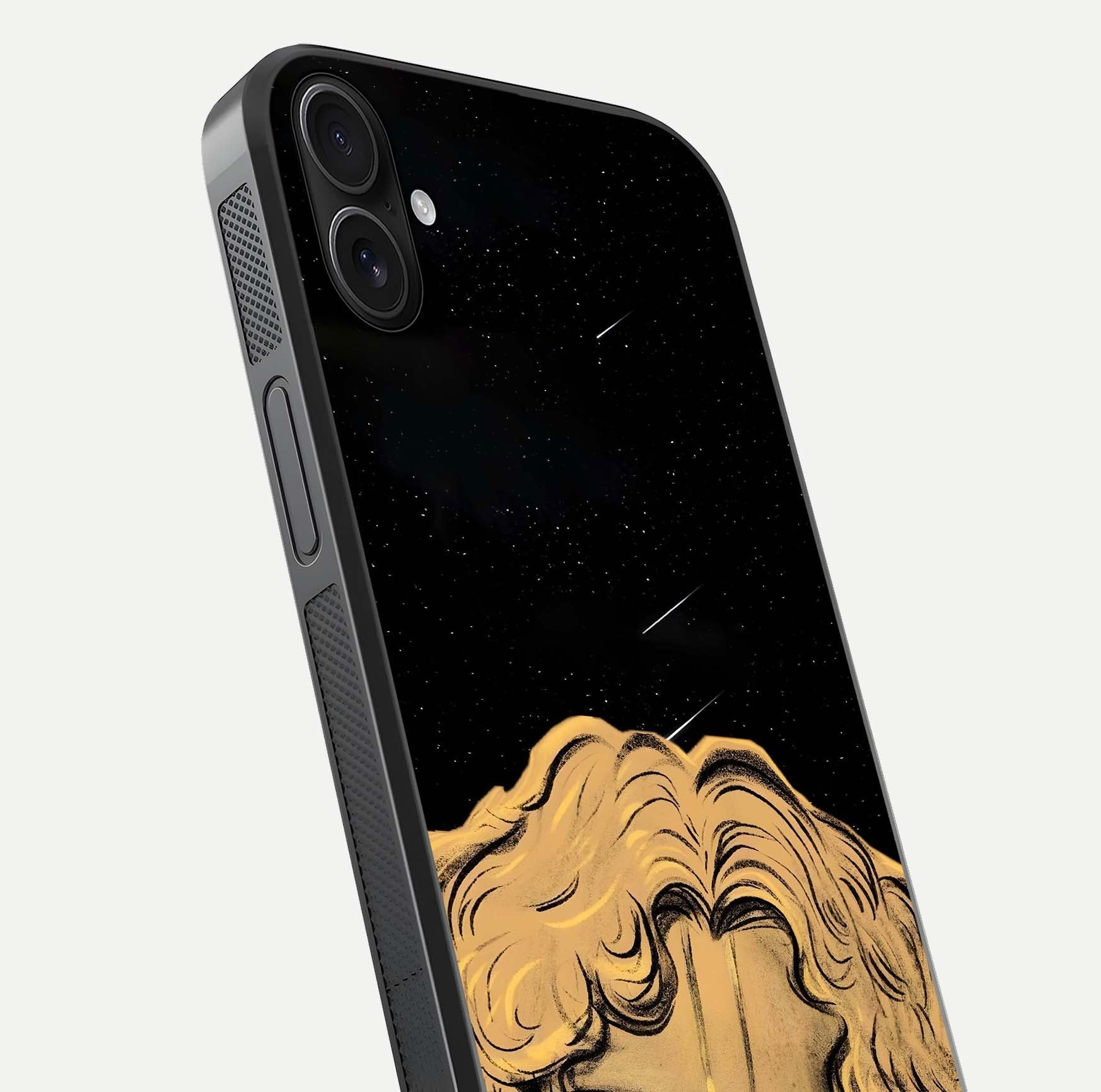 Celestial God’s Plan Glass Case for iPhone 16 Plus close-up angled shot highlighting celestial details and reflection