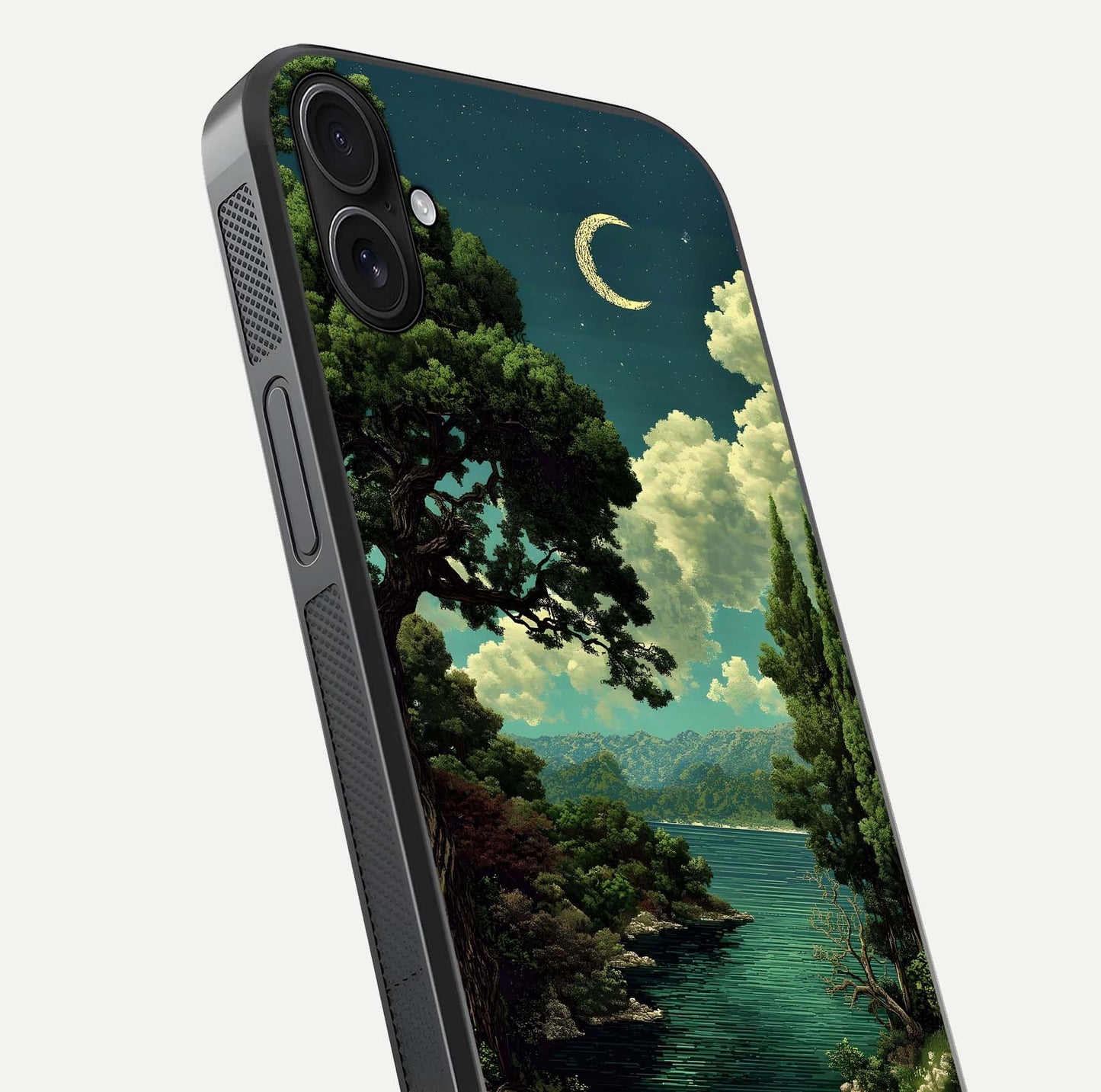 Celestial Lake Peace Glass Case for iPhone 16 Plus close-up highlighting moon reflection and glossy texture