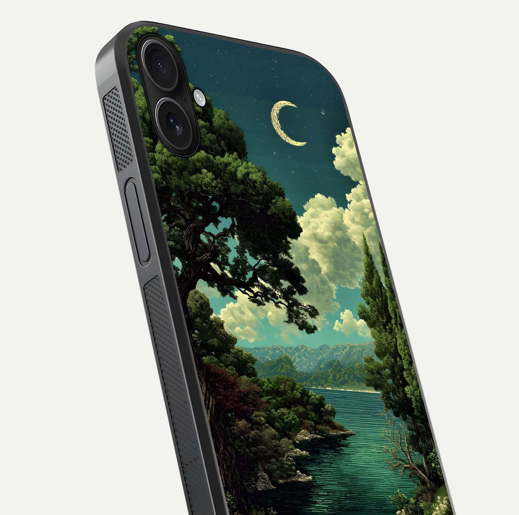 Celestial Lake Peace Glass Case for iPhone 16 Plus close-up highlighting moon reflection and glossy texture