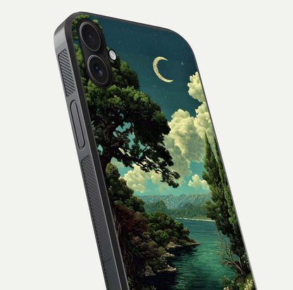 Celestial Lake Peace Glass Case for iPhone 16 Plus close-up highlighting moon reflection and glossy texture