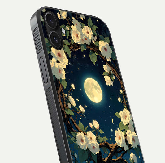 Celestial Moon & Flower Glass Case for iPhone 16 Plus close-up capturing petal reflection and moonlight contrast