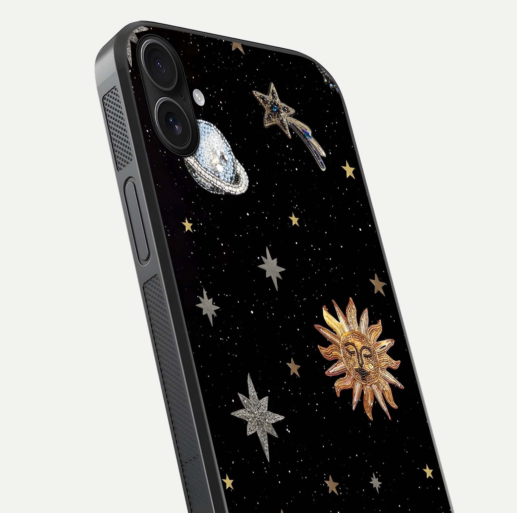 Celestial Moon With Stars Glass Case for iPhone 16 Plus close-up showing cosmic reflection and HD shine