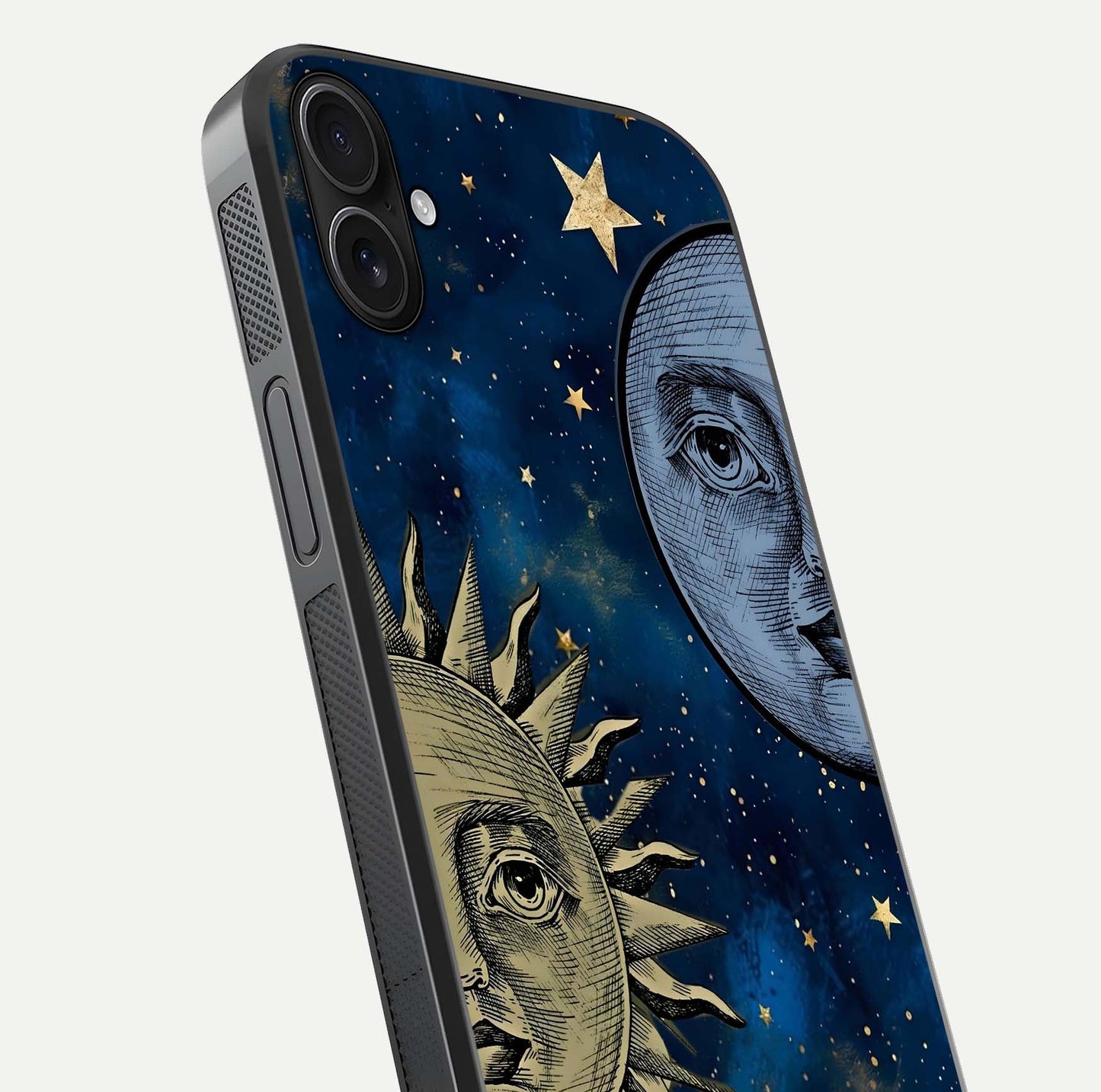 Celestial Moon With Sun Glass Case for iPhone 16 Plus close-up highlighting fine celestial detail and polish reflection