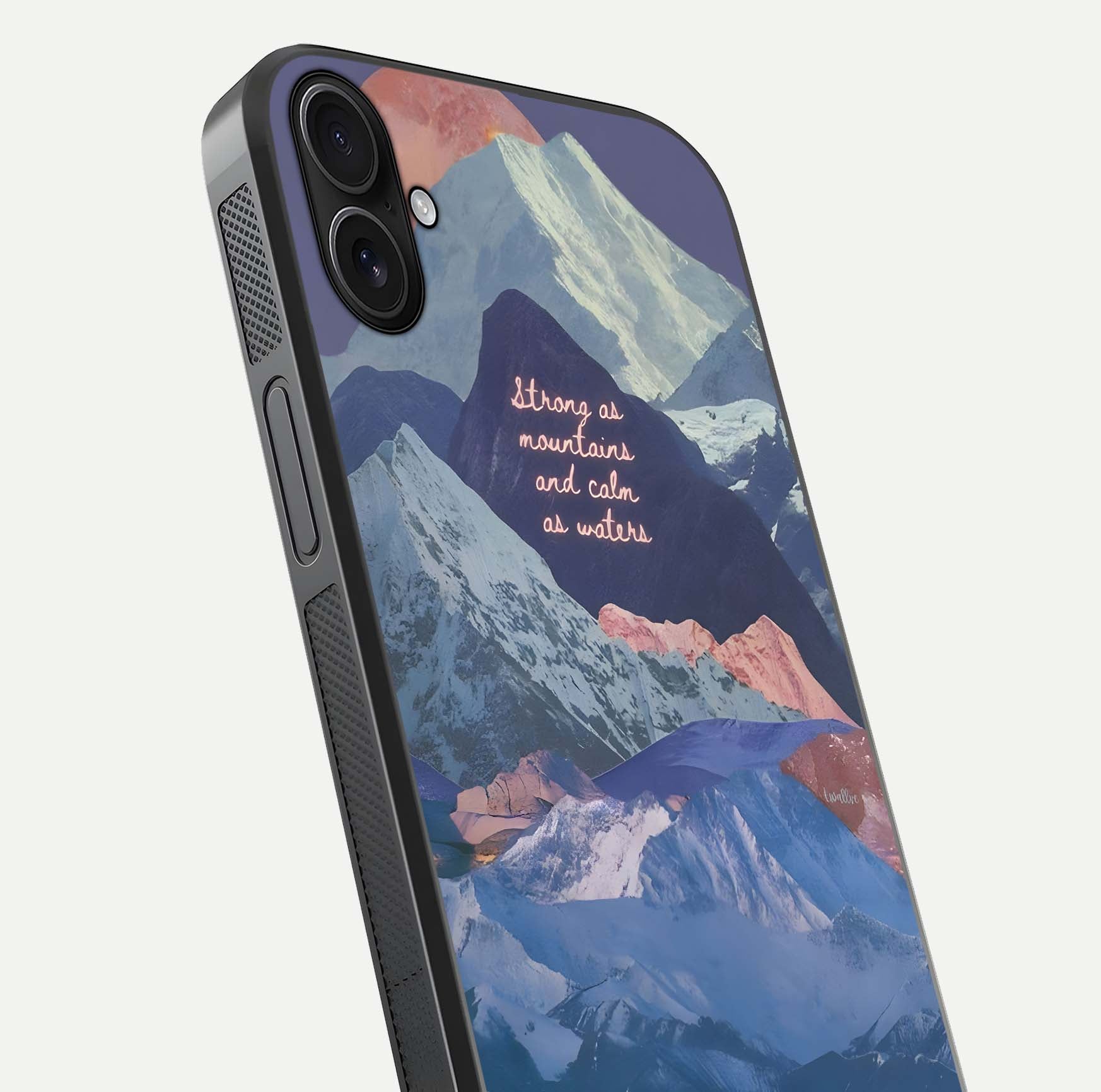 Celestial Mountain Calm Glass Case for iPhone 16 Plus close-up showing peak reflection and HD gloss texture