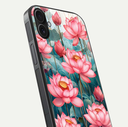 Celestial Pink Lotus Glass Case for iPhone 16 Plus close-up highlighting petal detail and HD glass reflection