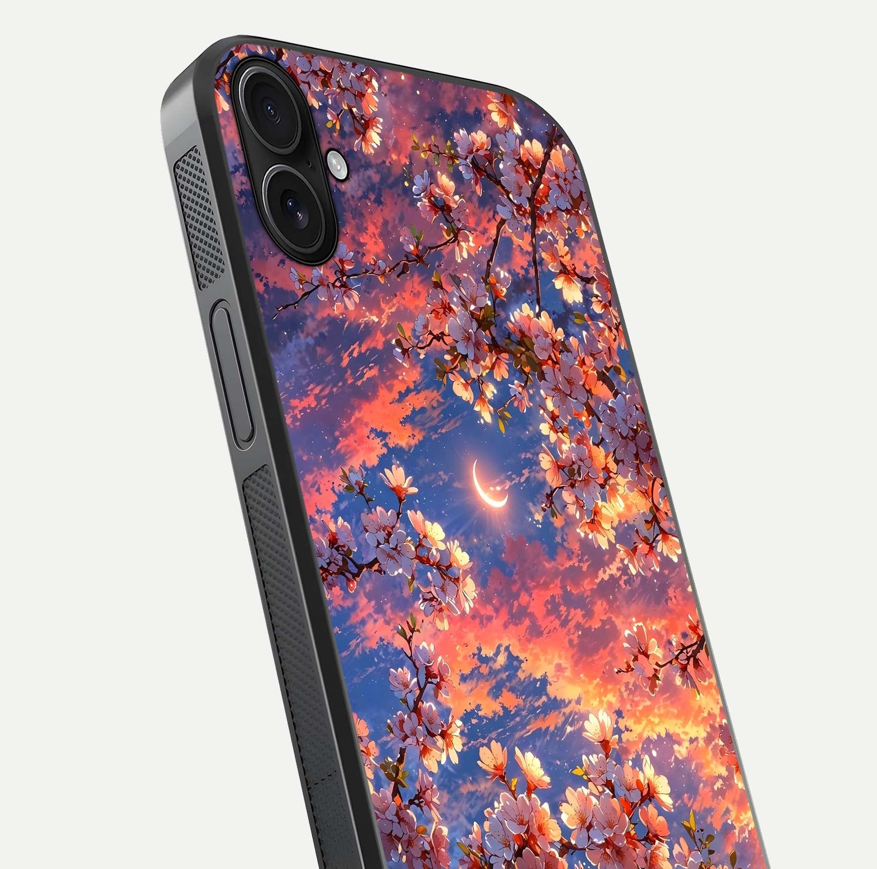 Celestial Sakura Sunset Glass Case for iPhone 16 Plus close-up image highlighting blossom petals and gloss shine