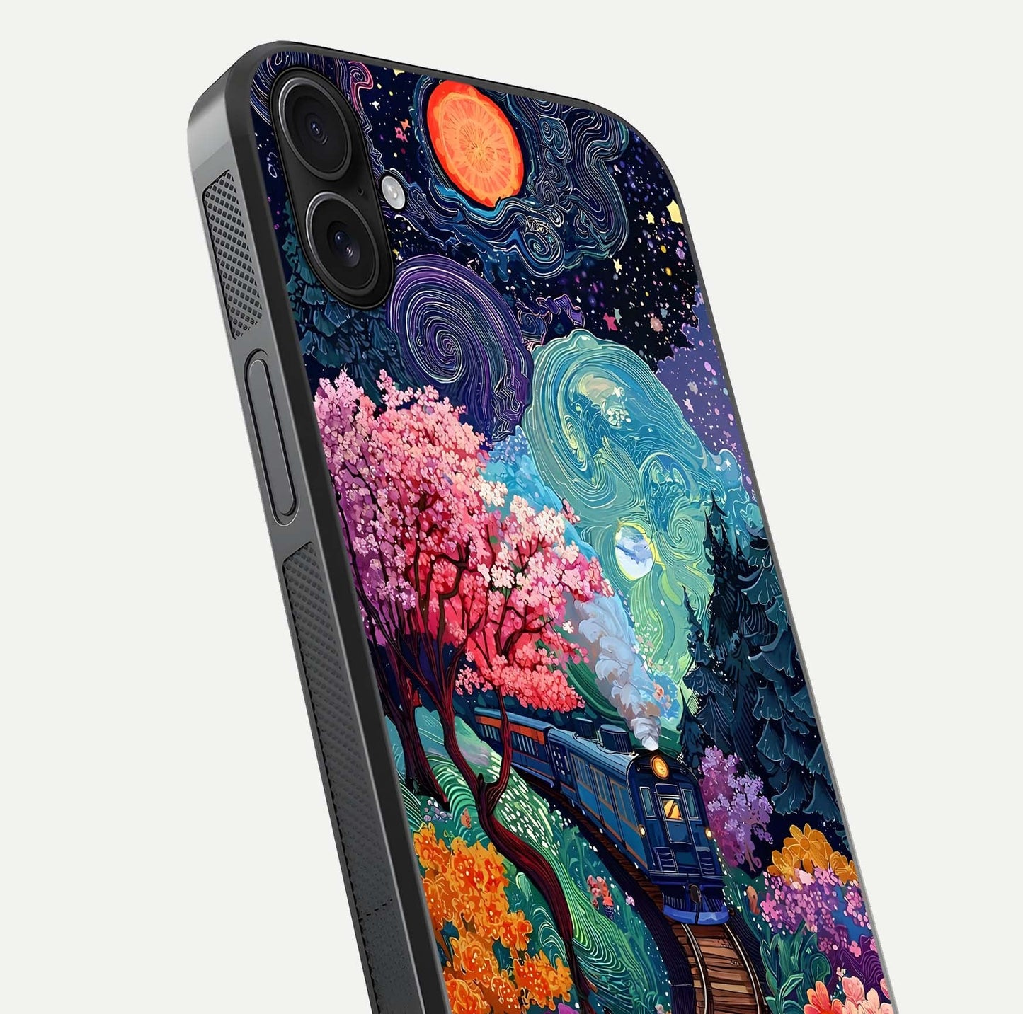 Celestial Train Journey Glass Case for iPhone 16 Plus close-up highlighting train lights, cosmic tones, and reflection detail