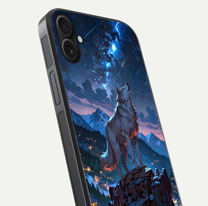 Celestial Wolf Howl Glass Case for iPhone 16 Plus close-up showing wolf silhouette and glowing moon reflection