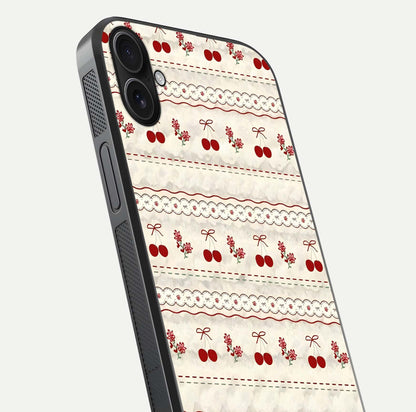 Cherry Bloom Charm Glass Case for iPhone 16 Plus close-up showing pink petals and reflection detail