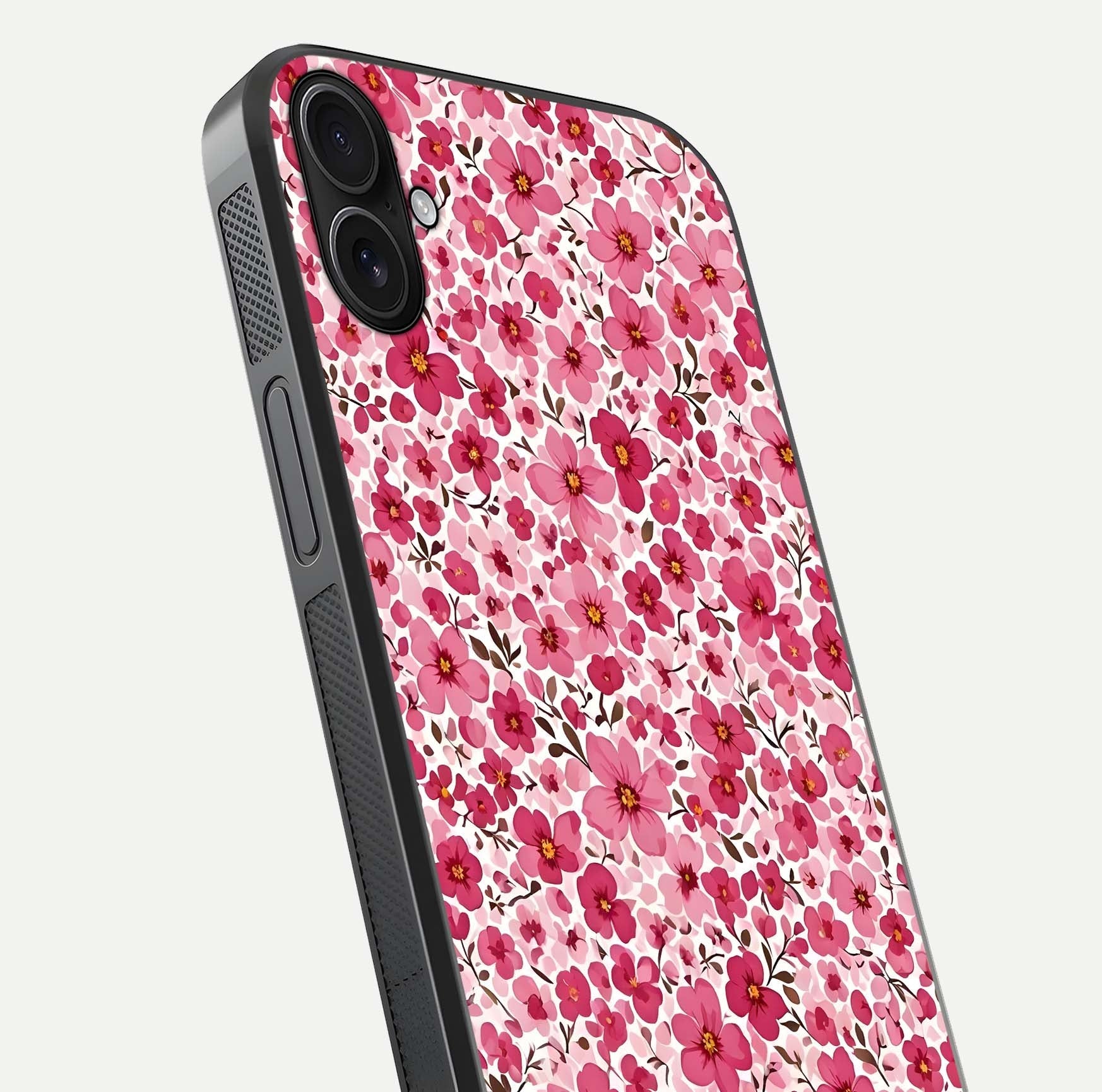 Cherry Blossom Charm Glass Case for iPhone 16 Plus close-up highlighting petal gradient and reflection shine