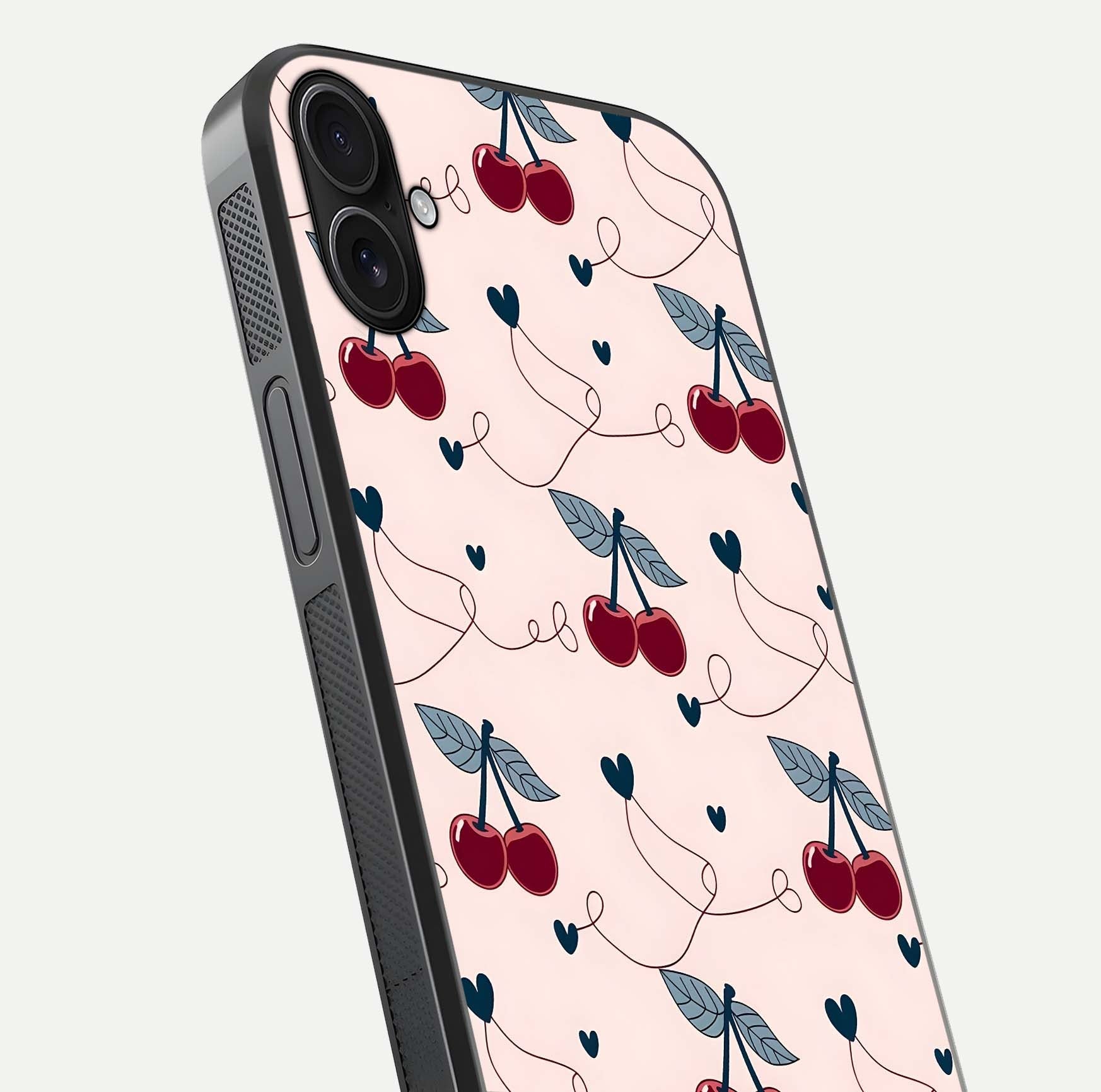 Cherry Heart Line Glass Case for iPhone 16 Plus close-up showing heart outline and HD reflection gloss