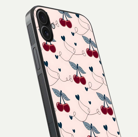Cherry Heart Line Glass Case for iPhone 16 Plus close-up showing heart outline and HD reflection gloss