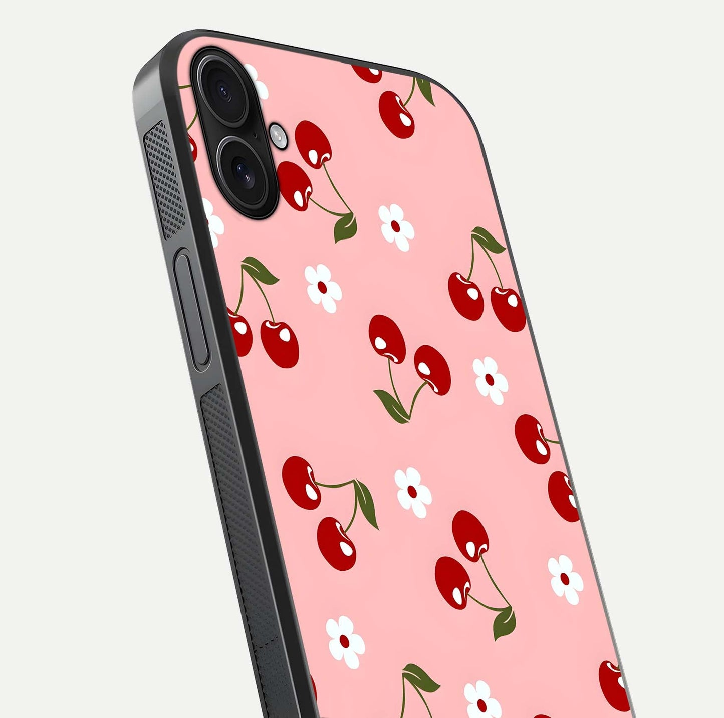 Cherry Love Mood Glass Case for iPhone 16 Plus close-up highlighting cherry heart pattern and reflection shine