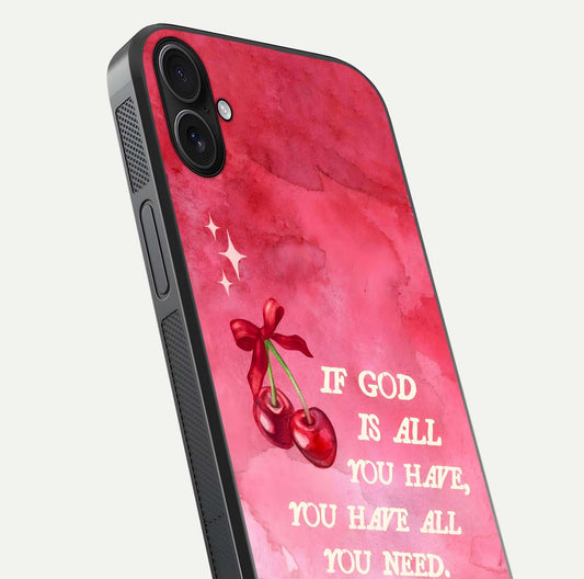 Cherry Quote Glass Case for iPhone 16 Plus close-up showing printed quote detail and HD reflection gloss