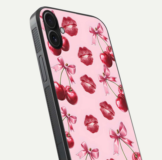Cherry With Lips Glass Case for iPhone 16 Plus close-up view highlighting lips texture and reflection shine