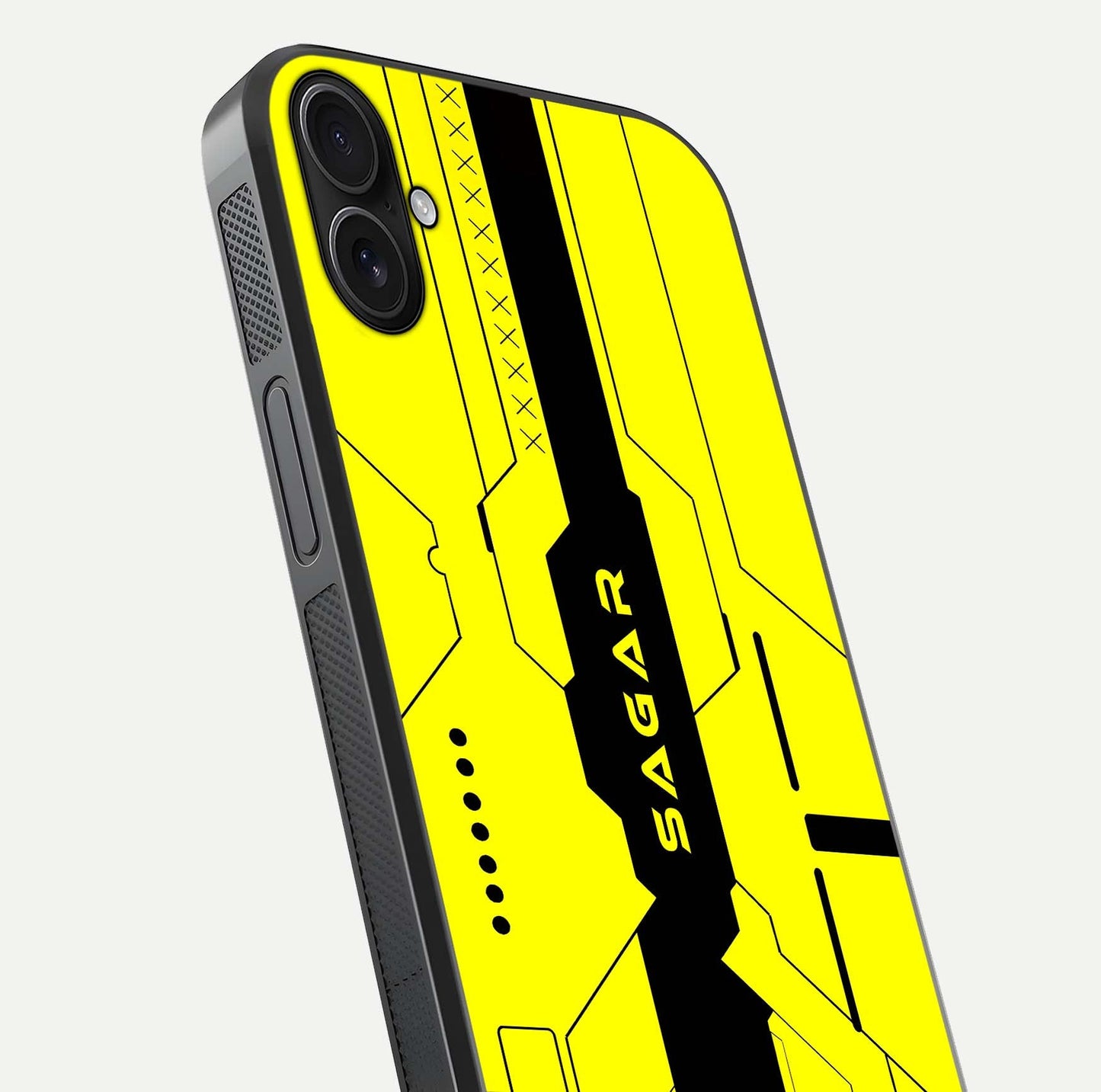 Circuit CYBERPUNK Custom Name Glass Case for iPhone 16 Plus close-up highlighting neon lines, futuristic tones, and gloss reflection