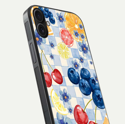 Citrus Bloom Joy Glass Case for iPhone 16 Plus close-up highlighting orange blossoms and reflection detail