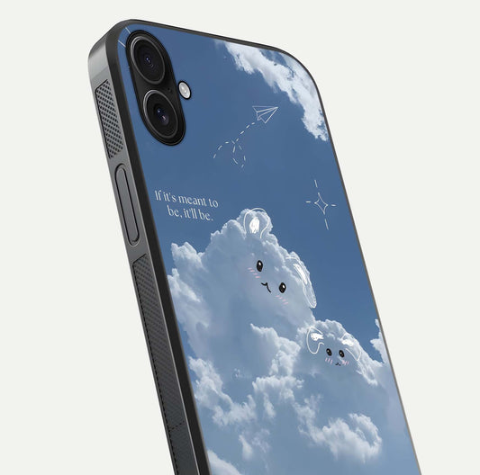 Cloud Bunny Dreams Glass Case for iPhone 16 Plus close-up showing bunny art, dreamy clouds, and HD shine