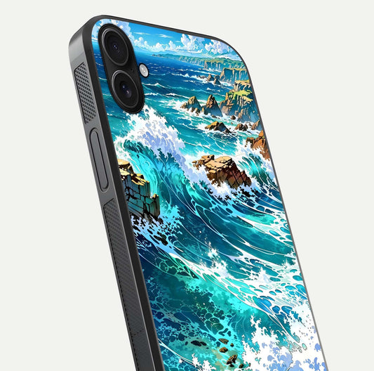 Coastal Blue Waves Glass Case for iPhone 16 Plus close-up highlighting wave texture and blue shine