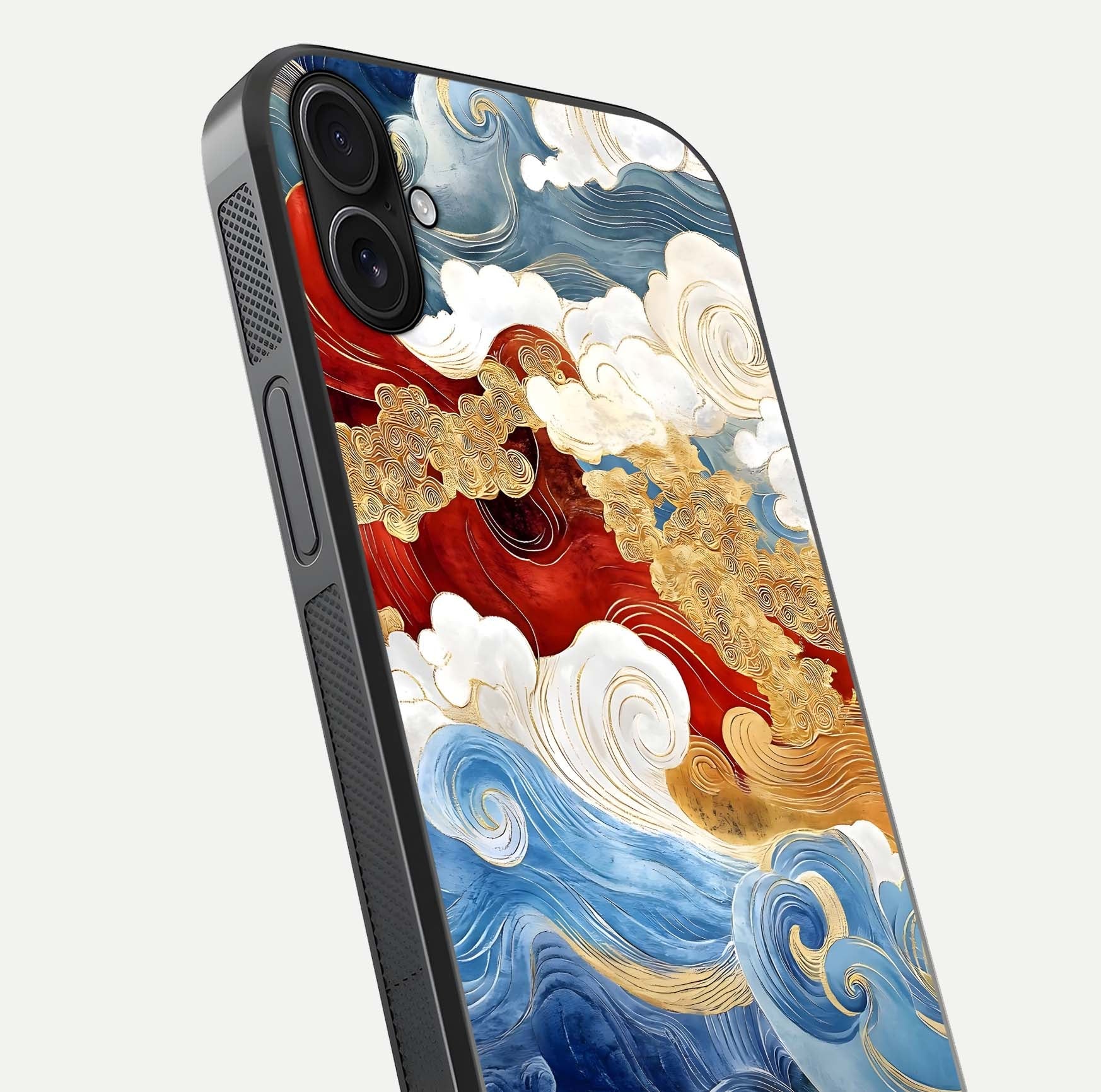 Colored Waves Glass Case for iPhone 16 Plus close-up angled shot highlighting gradient flow and light reflection