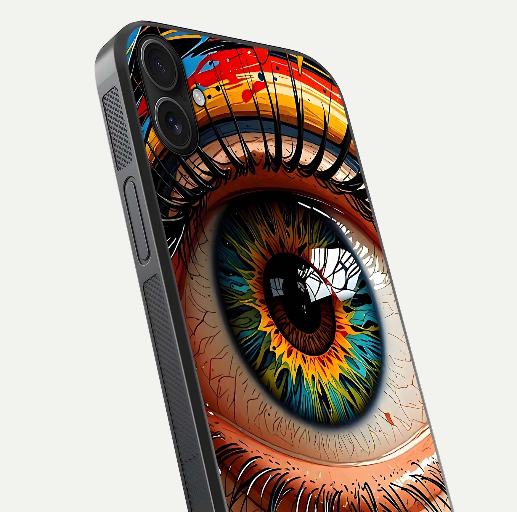 Colorful Eye Glass Case for iPhone 16 Plus close-up highlighting eye pattern detail and reflection shine