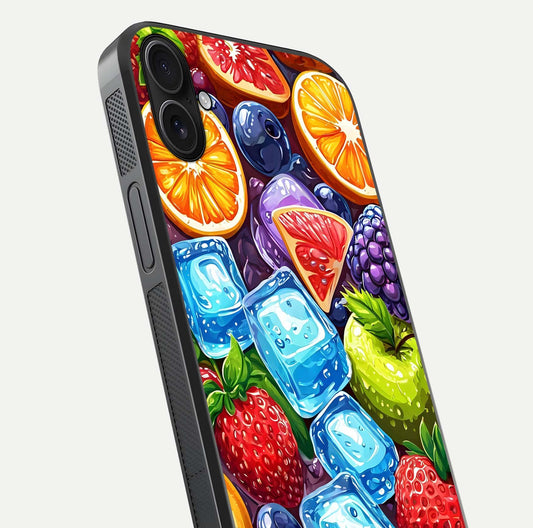 Colorful Fruits with Ice Glass Case for iPhone 16 Plus close-up highlighting fruit color and reflection glow