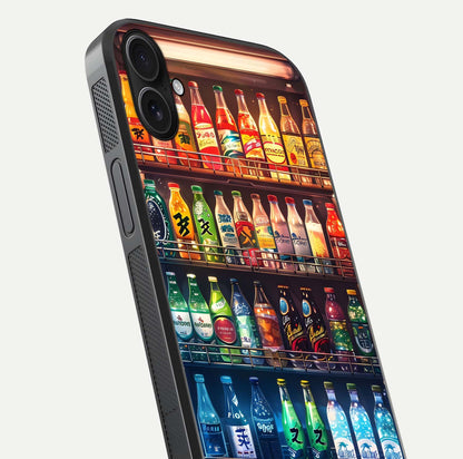 Colorful Soda Bottles Glass Case for iPhone 16 Plus close-up showing colorful bottles and HD reflection