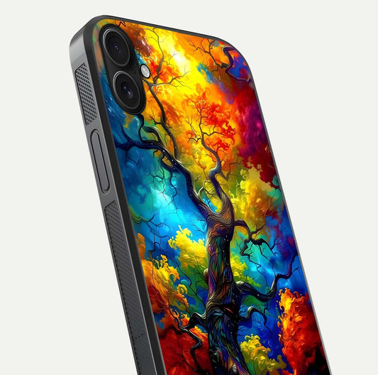 Colorful Tree Glass Case for iPhone 16 Plus close-up highlighting leaf detail, gradient colors, and shine