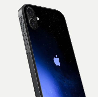 Cosmic Blue Apple Glass Case for iPhone 16 Plus close-up highlighting galaxy pattern, shine, and reflection detail