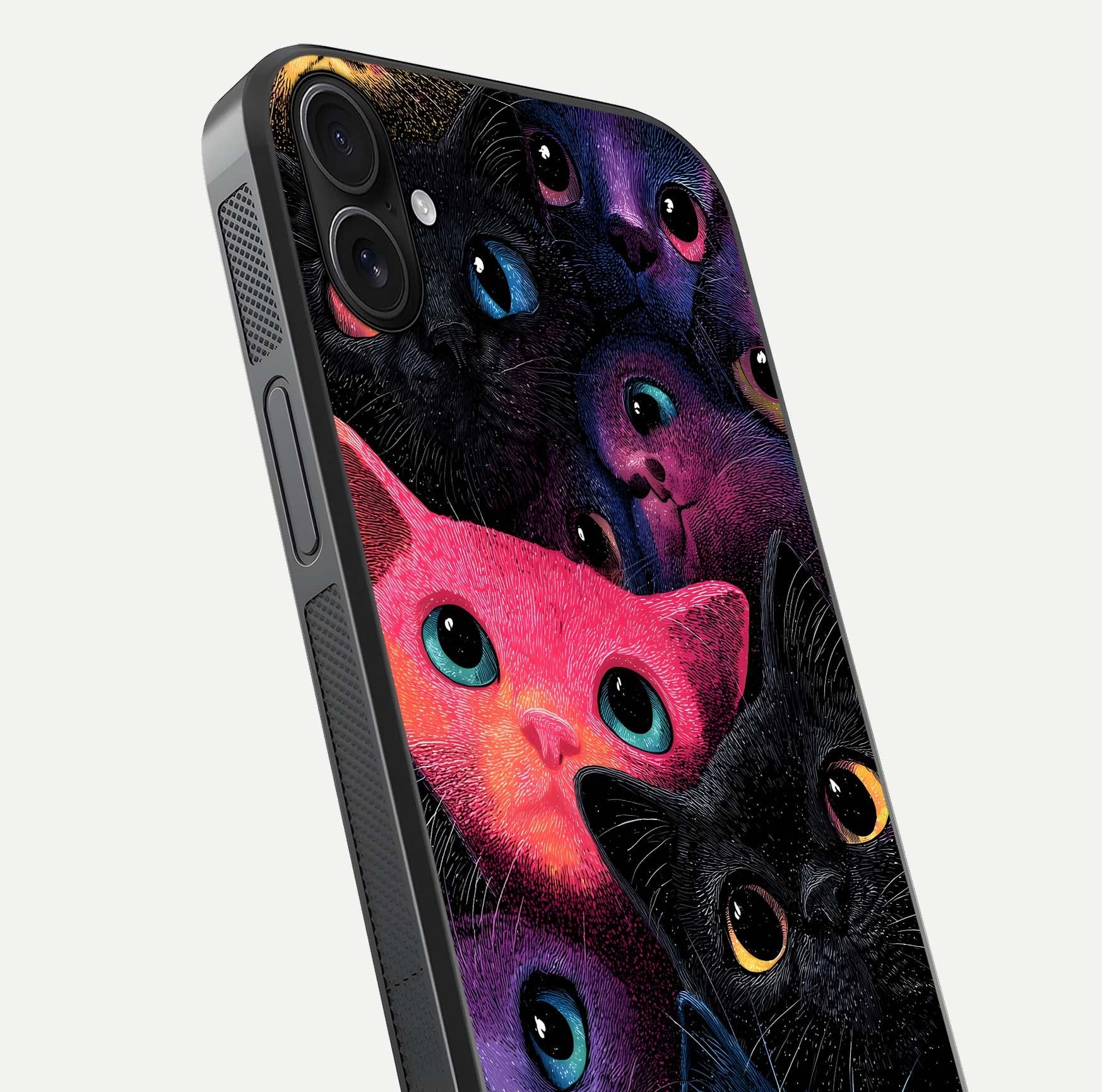 Cosmic Cats Dreams Glass Case for iPhone 16 Plus close-up highlighting cats and cosmic glow reflection