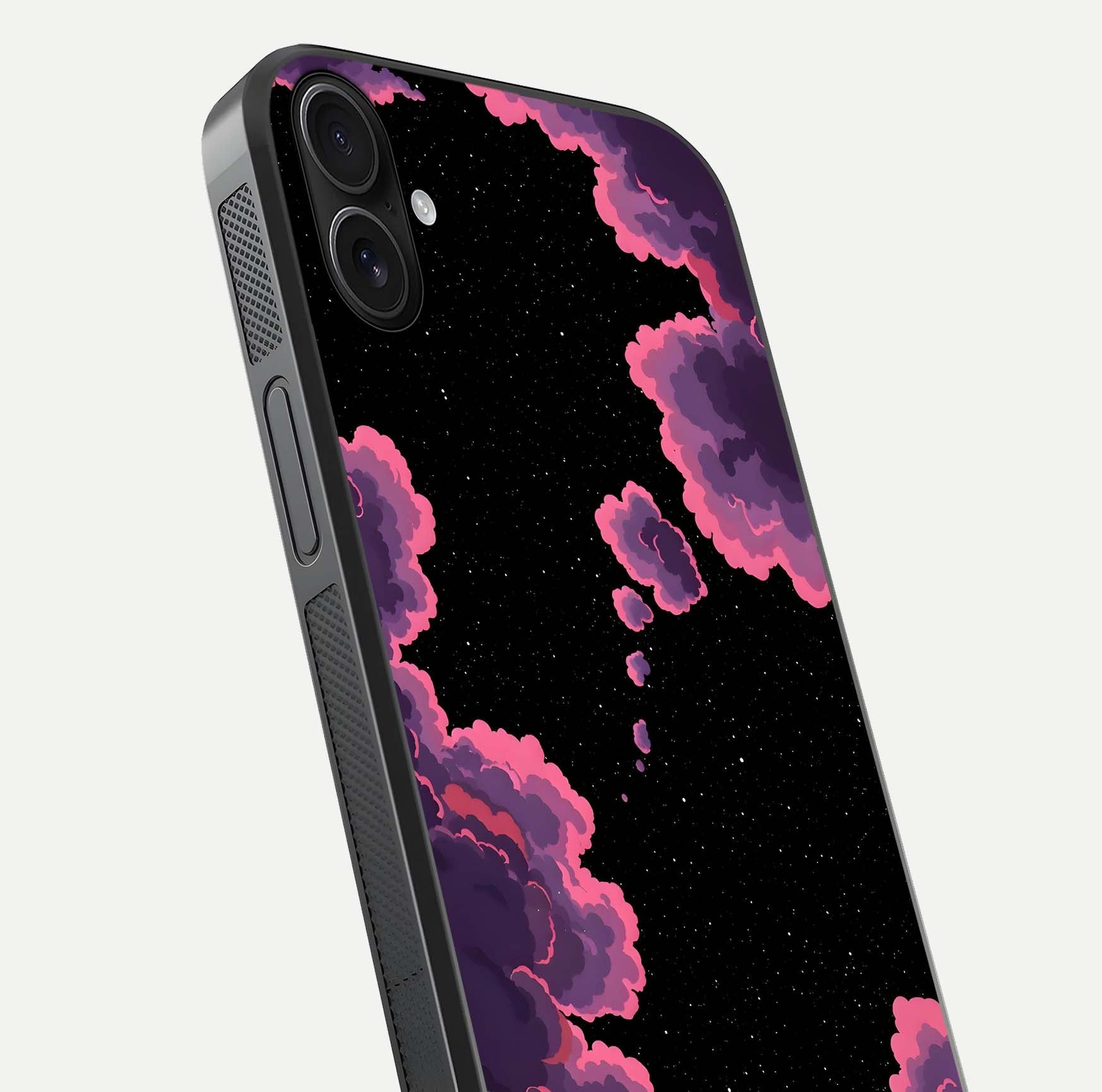 Cosmic Cloud Journey Glass Case for iPhone 16 Plus close-up highlighting star clusters and reflection texture