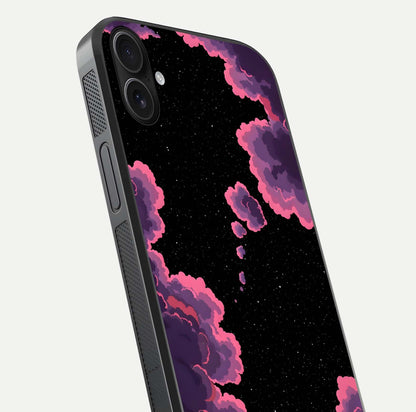Cosmic Cloud Journey Glass Case for iPhone 16 Plus close-up highlighting star clusters and reflection texture