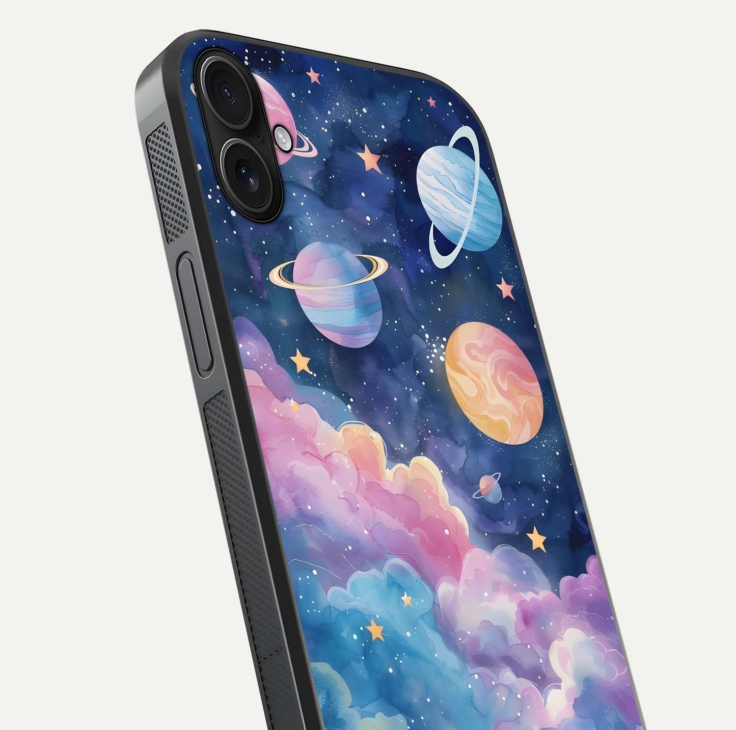 Cosmic Planet Dreams Glass Case for iPhone 16 Plus close-up highlighting planetary details and reflection glow