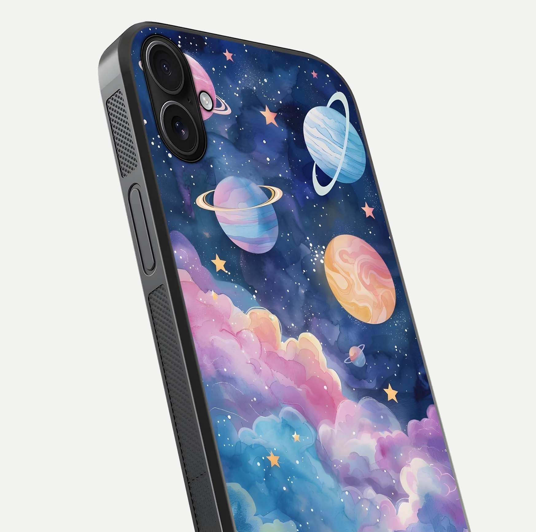 Cosmic Planet Dreams Glass Case for iPhone 16 Plus close-up highlighting planetary details and reflection glow