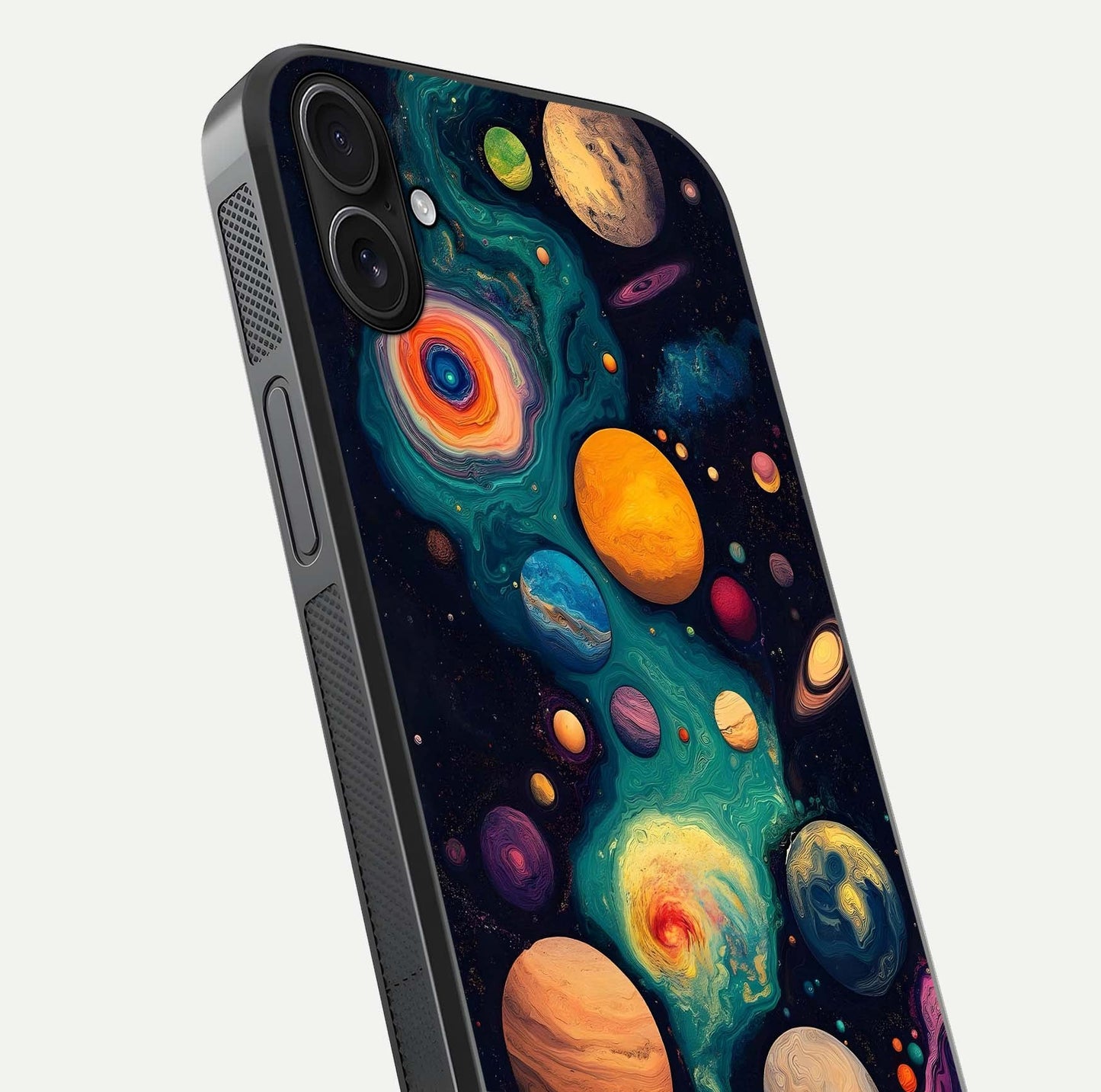 Cosmic Planet Journey Glass Case for iPhone 16 Plus close-up highlighting planets, stars, and shine reflection