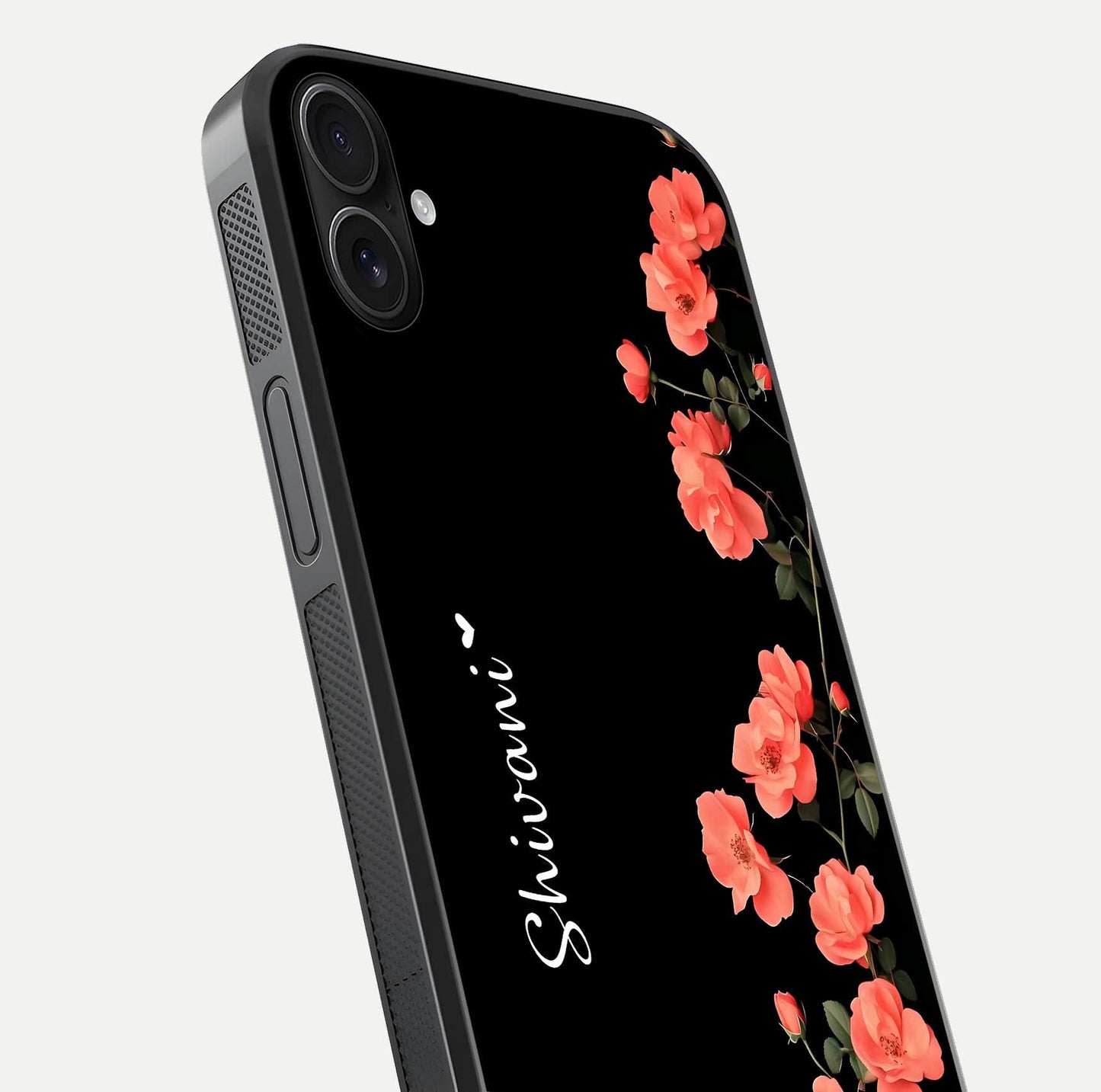 Crimson Bloom Grace Custom Name Glass Case for iPhone 16 Plus close-up highlighting flower pattern and reflection texture