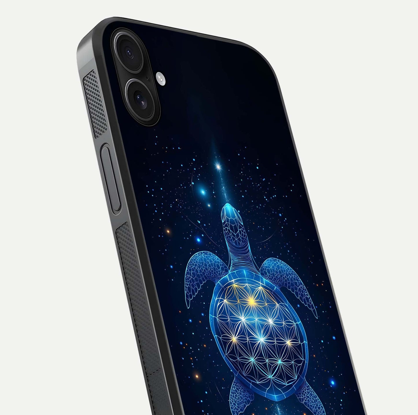 Crimson Blue Turtle Glass Case for iPhone 16 Plus close-up highlighting turtle shell detail and shine reflection