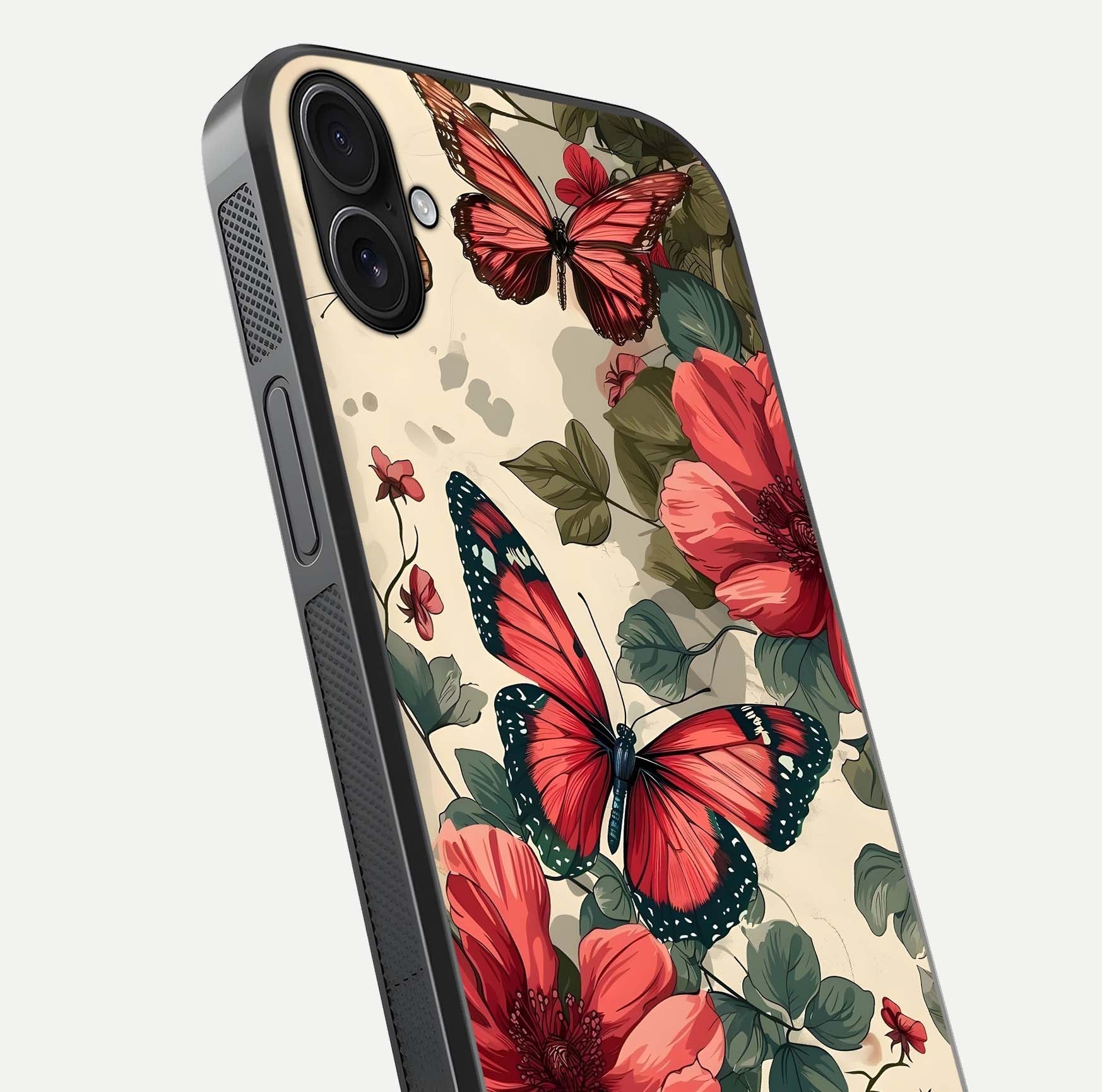 Crimson Butterfly Garden Glass Case for iPhone 16 Plus close-up showing wing detail and reflection shine