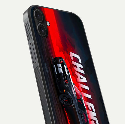 Crimson Challenger Fury Glass Case for iPhone 16 Plus close-up highlighting car details and reflection depth