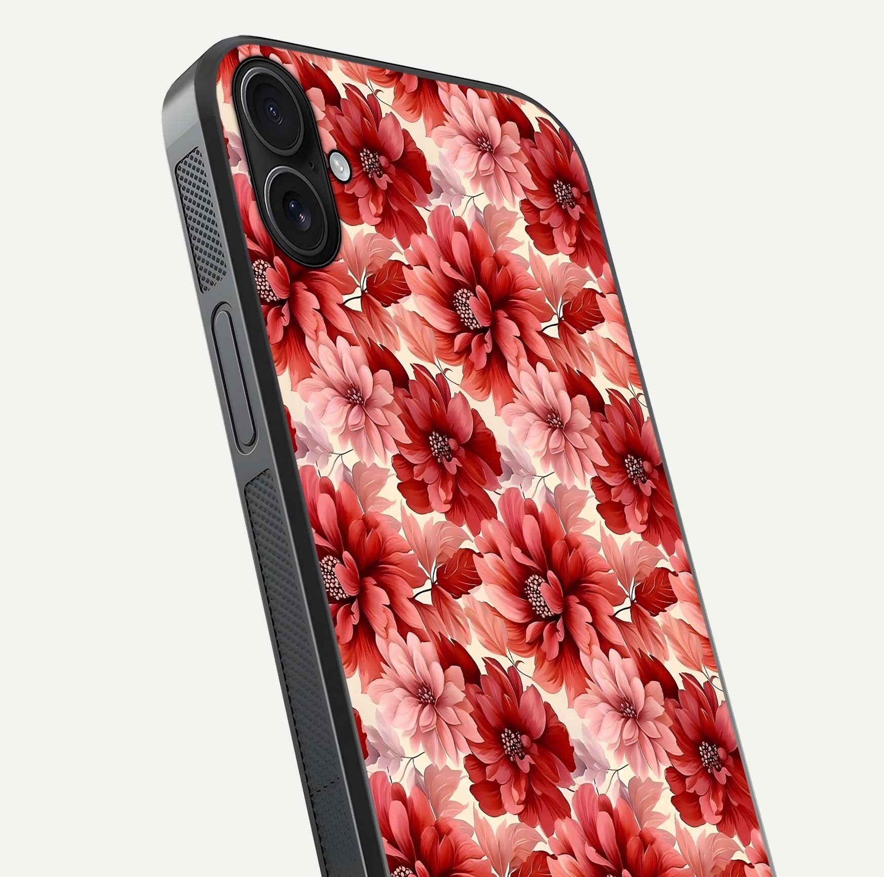 Crimson Love Petals Glass Case for iPhone 16 Plus close-up highlighting petal texture and light reflection