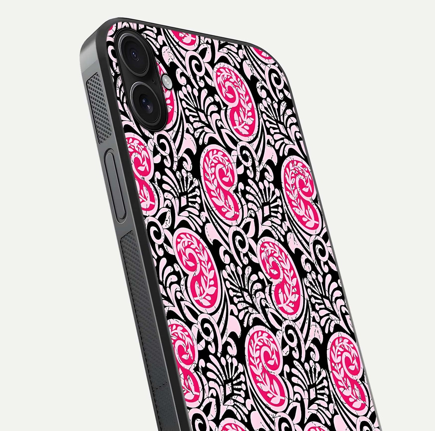 Crimson Paisley Charm Glass Case for iPhone 16 Plus close-up highlighting fine pattern detail and reflection tone