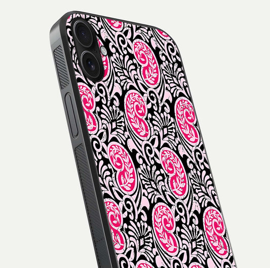 Crimson Paisley Charm Glass Case for iPhone 16 Plus close-up highlighting fine pattern detail and reflection tone