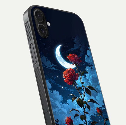 Crimson Rose Moon Glass Case for iPhone 16 Plus close-up showing rose detail and reflection highlight