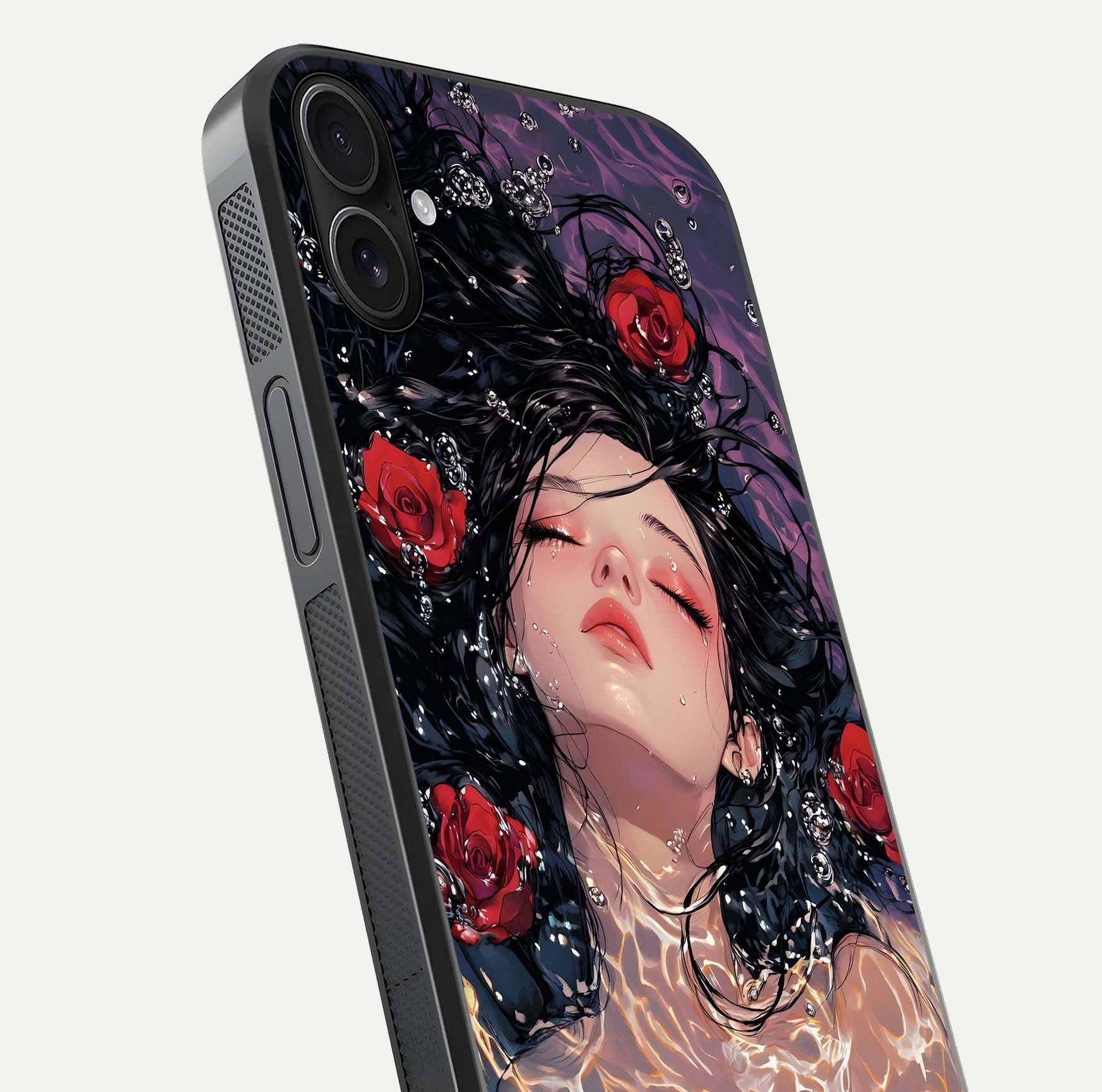 Crimson Rose Serenity Glass Case for iPhone 16 Plus close-up highlighting rose gradient and reflection detail