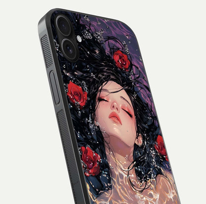 Crimson Rose Serenity Glass Case for iPhone 16 Plus close-up highlighting rose gradient and reflection detail
